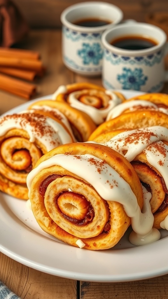 Warm cinnamon roll tortillas with frosting on a plate, garnished with cinnamon.
